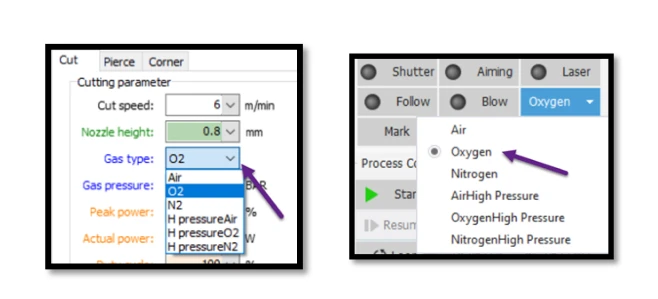 تنظیم نوع گاز در برش